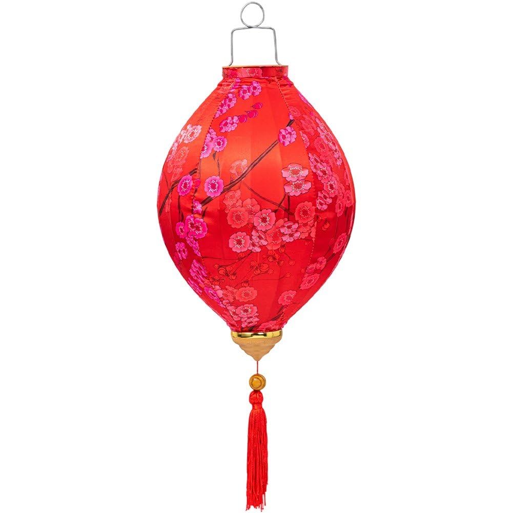 Fituenly Chinese Silk Lantern Traditional Oriental, Waterproof Oval Hanging Lantern with Tassel, Retro Japan Vietnam Floral Style for New Year Wedding