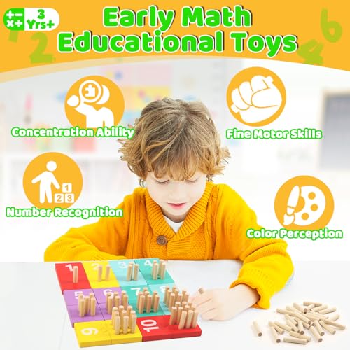 Image of TEUVO Counting Pegs Board Montessori Toys for Kids Aged 3 4 5 6 Years Old, Wooden Early Math and Number Digital Plunger Manipulatives Materials Game for Toddlers Home Kindergarten Daycare Classroom