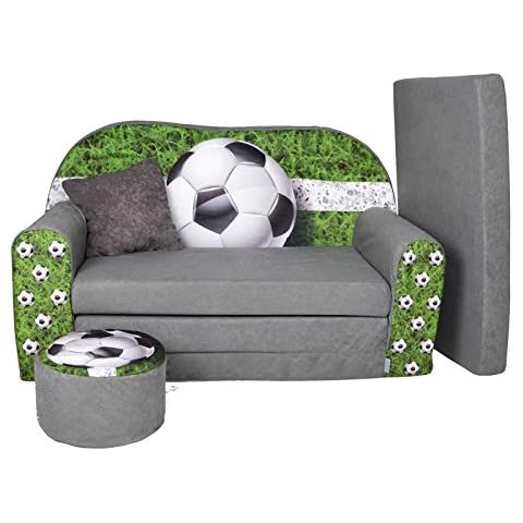 FORTISLINE Kindersofa Kindercouch Aufklappen Bettfunktion + Hocker W319 2 Viele Muster (Football) Cover