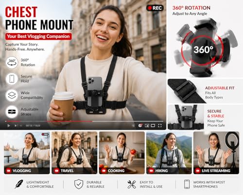 Image of CHG Chest Phone Mount Body Harness Mobile Holder POV Recording Strap Bike Riding Chest Mount vlog Shooting Holder Adjustable Smartphone Harness Action Camera
