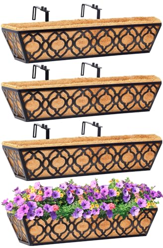 Y&M 4pcs 24 Inch Window Deck with Coconut Coir Liner, 24' Railing Planter Horse Trough Coco Basket Boxes Metal Hanging Flower Balcony for Outdoor Garden Fence Lawn