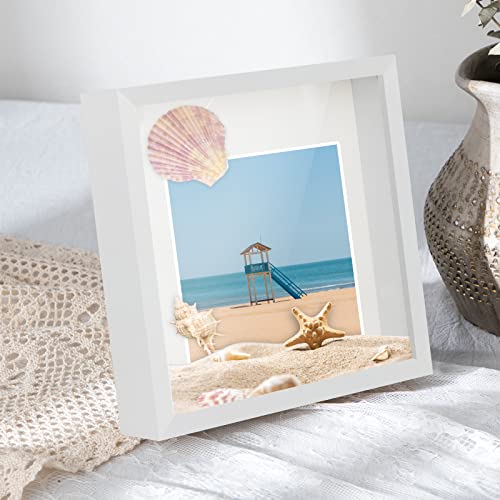 Anhow 2er 3D Bilderrahmen zum Befüllen, 3D Bilderrahmen Tiefer Objektrahmen 15 x 15 cm mit Transparente Echtglas für Tischplatte und Wand - Weiß/ 3cm