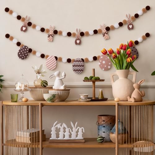 Image of 3 Pcs Easter Day Brown Bunny Felt Banner Colorful Bunny Felt Banner Pom Pom Egg Ball Garland Easter Day Rabbits Pompom Hanging Garland for Home Party Favors