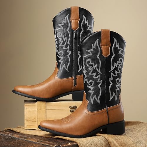 Santimon Men's Leather Cowboy Boots with Zipper, Slip on Western Style Boots with Embroidery2