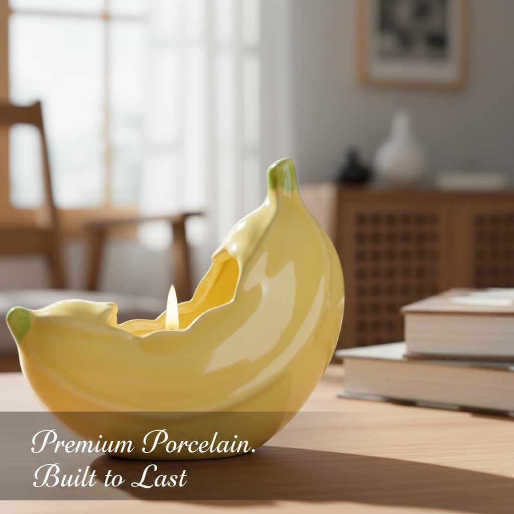 Banana Shaped Ceramic Candle Holder & Mini Succulent Planter, Unique Fruit Themed Desktop Decor for Home Office, Warm Yellow (2Pcs)