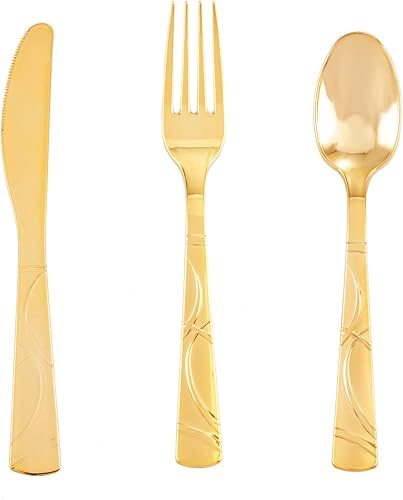 WELLIFE Juego de cubiertos de plástico dorado de 180 piezas, 60 tenedores dorados, 60 cucharas doradas, 60 cuchillos dorados, cubiertos de plástico