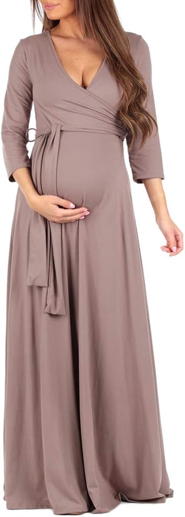 Mother Bee Maternity Faux Wrap Maternity Dress with Adjustable Belt for Baby Shower Or Casual Wear at  Women’s Clothing store