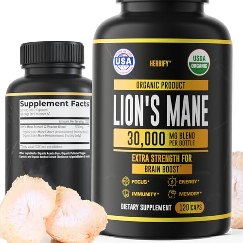 Image of HERBIFY Lions Mane Supplement - Daily Mushroom Supplement for Memory, Focus & Clarity - Brain Booster - Lions Mane Capsules for Natural Immune Support - Vegan, Organic - 120 Capsules