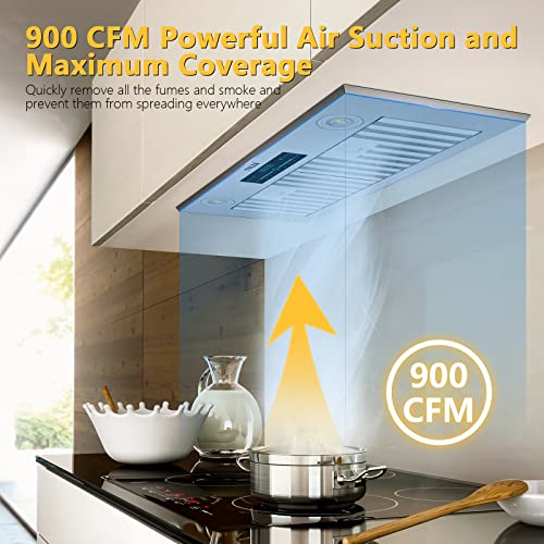 Range Hood Insert 30 inch, Ducted/Ductless 900 CFM Range Hood Insert with Charcoal Filter Included, Built-in Range Hoods Insert Stainless Steel With 4 Speed Gesture Sensing & 2 Pcs Adjustable Lights