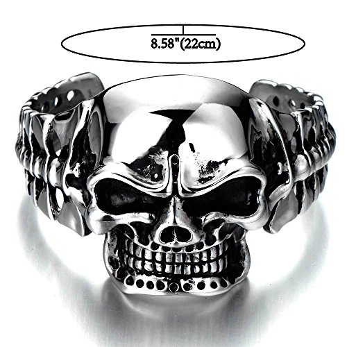 COOLSTEELANDBEYOND Heavy and Study Mens Stainless Steel Biker Skull Cuff Bangle Bracelet Silver Black Two-Tone Polished2
