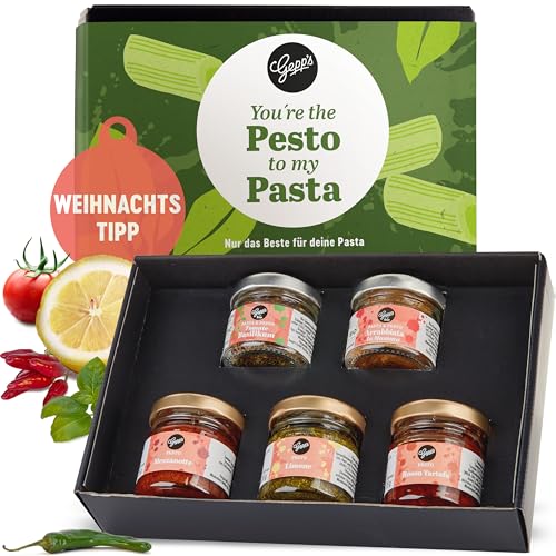 Gepp's Feinkost Pesto Geschenkset I 5-teiliger Geschenkkorb mit italienischen Spezialitäten I 3x Feinkost Pesto & 2x Pasta-Gewürz Bio I Delikatessen Präsentkorb mit Trüffel-Pesto – Weihnachts-Geschenk