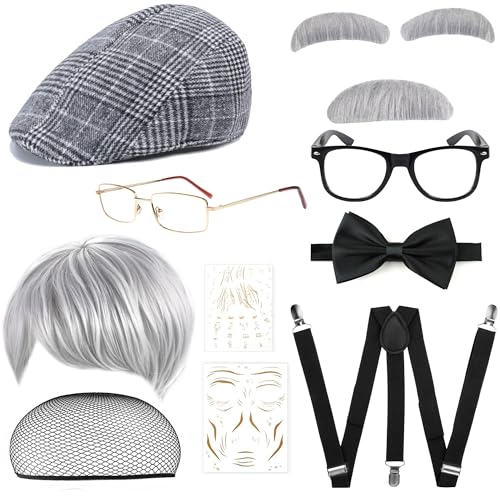 MEDOJO Old Man Costume Accessories Set for Men Adult Halloween Cosplay with Wig Hat Suspenders Bow Tie Glasses Eyebrow Mustache Badge Tattoo Sticker