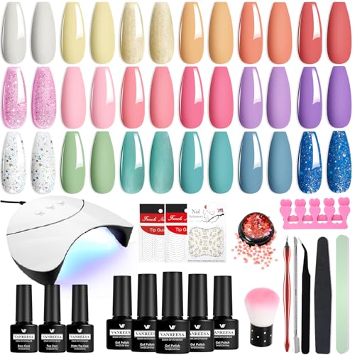 VANREESA Gel Nail Kit, 18 Colours Gel Nail Polish Set with Lamp Starter Kit Pink Blue Purple Spring Summer Colours U V Nail Polish Set with Base and Top Coat Manicure DIY at Home Gifts for Women