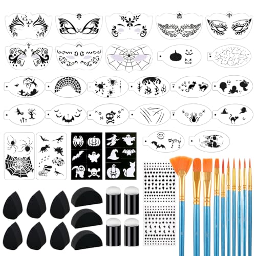 63 pcs Face Painting Brushes and Sponges Set, 38 pcs Reusable Face Body Paint Stencils Templates, 10 Brushes, 13 pcs Sponges, 2 Black Gems for Acrylic Painting Acrylic Oil Watercolor Tempera Painting image 2