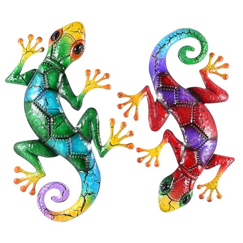 Lot de 2 grands gecko muraux en métal de 43 cm - Décoration de jardin en forme de lézard - Décoration murale à suspendre pour jardin, clôture, maison
