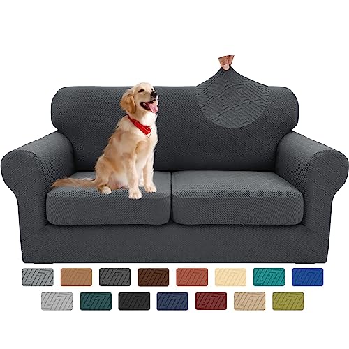 XINEAGE 2025 New 3 Pieces Couch Covers for 2 Cushion Sofa Super Stretch Loveseat Slipcover Pet Dog Universal Slip Cover Anti Slip Love Seat Furniture Protector (Dark Gray, 55"-69")