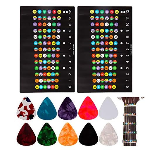 Luter - Lote de 2 pegatinas de toque de guitarra y 10 piezas de púas de guitarra, 6 cuerdas de guitarra acústica y notas de toque pegatinas para principiante