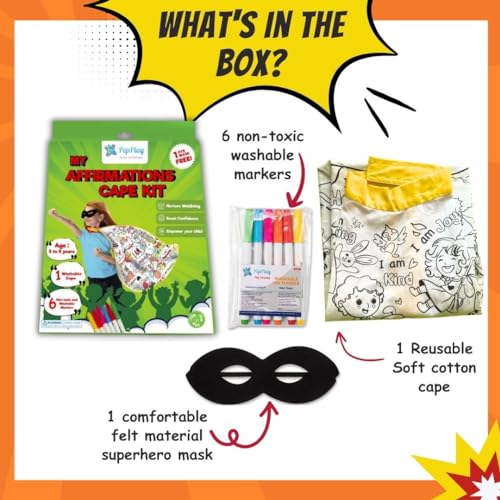 Image of PepPlay Cotton My Affirmation Cape Coloring Kit,With 6 Smudge-Free Washable Markers,Customised Birthday Gift For Kids Ages 5-8,Pretend Play For Boys And Girls,Personalised And Reusable Diy