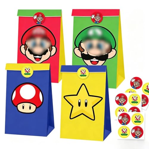 Super Bolsas de Regalo Bros Cumpleaños Infantil 12 Piezas Bolsas de Papel Caramelos con 12 Pegatinas, Bolsas de Dulces Bar de Caramelos Regalos Inicio Escolar Obsequios Suministros para Fiesta Bolsas
