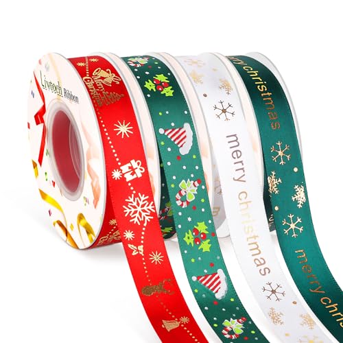 4 Rolls 90 Yards Christmas Ribbon, 3/4 Inch Wide Christmas Gift Wrapping Ribbons, Red/Green & White Satin Wrapping Ribbons for Crafts DIY Holiday Decorations