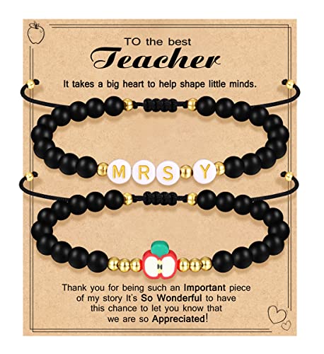Teacher Appreciation Bracelet Gifts for Women Initial Beaded Bracelets Back to School Thank You Teacher Gifts 2pcs Link Bracelet New Teacher Graduation Gift Birthday Retirement Teachers' Day Jewelry