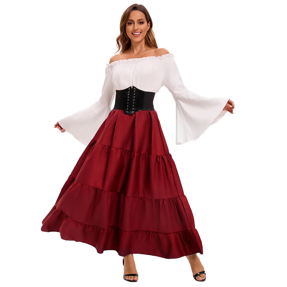 Feynman Robe médiévale rétro pour femme avec manches trompette - Reine victorienne médiévale Renaissance gothique - Robe maxi pour carnaval, Halloween, fête