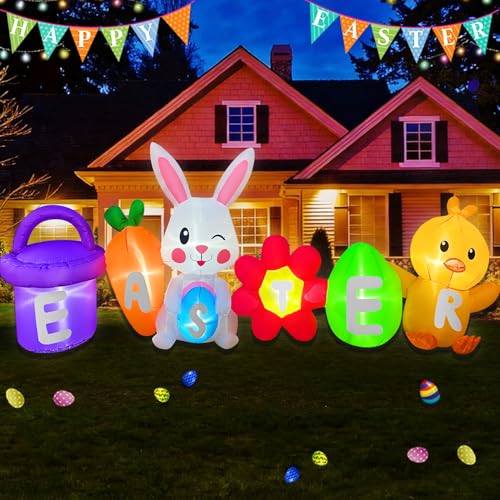 BLOWOUT FUN Easter Inflatables Outdoor Decorations 8FT Inflatable Bunny with Eggs Chick Carrot Built-in LED Lights Blow Up Decor for Spring Holiday Party Indoor Outdoor Garden Lawn Patio Decoration