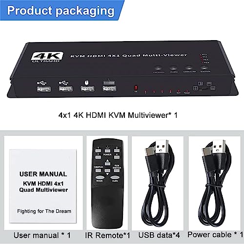 Image of Tobo HDMI KVM Multiviewer Switch 4x1, HDMI Quad Multi-Viewer Seamless Switcher 4 in 1 Out,4K,3D,1080P, 5 Viewing Modes for Security Camera, PS4, Laptop, Monitor (Multiviewer 4K30Hz) TD-990H