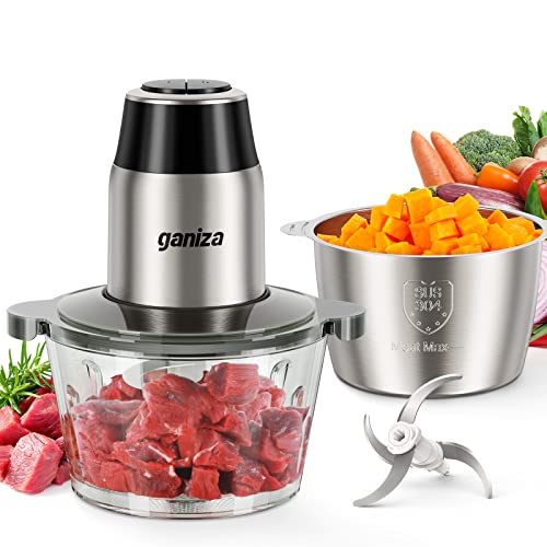 Comparison: Best Food Processor For Pie Crust 10 GANIZA Food Processors, Electric Food Chopper with Meat Grinder & Vegetable Chopper - 2 Bowls (8 Cup+8 Cup) with Powerful 450W Copper Motor - Includes 2 Sets of Bi-Level Blades for Fruits/Meat/Nuts