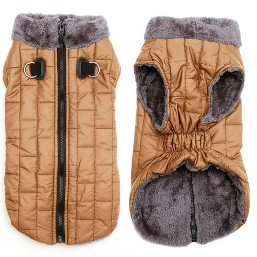 JoyDaog Warmer Fleece-Hundemantel mit strapazierfähigem Geschirr und D-Ring, wasserdichte Welpenjacke für kleine Hunde, Hundeweste für den kalten Winter, brüniertes Khaki, Größe M