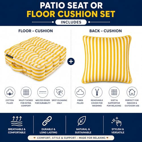 Image of Woven Quilted Floor Cushion Set 60x60x10 CM Yellow Stripe with Fillers & Back Cushion, Large Size for Seating, Patio Seat, Meditation, Yoga, Pooja, Guests, Living 24x24x4 Inch