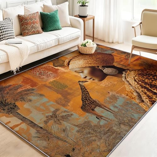 Alfombra Lavable de 60 x 110 cm Estilo Africano Mujer Africana Jirafa Alfombra con Respaldo Antideslizante, Adecuada para Sala de Estar, Duradera, cómoda, Resistente a Las Manchas Marrón Naranja
