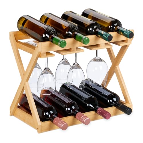 Relaxdays Botellero con Soporte para Copas, 8 Botellas y 6 Vasos, Bambú, 35 x 45 x 23 cm, Estante Vino Vertical, Natural