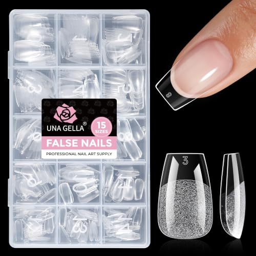 Image of UNA GELLA Short Coffin Gel Nail Tips, 15 Sizes Short Coffin Press On Nails Full Cover Pre-Etched 300pcs Clear Acrylic False Nail Tips For Nails Extension Home DIY Salon