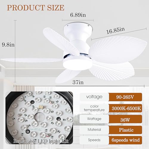 GJeg Tropical Ceiling Fans with Light, 38-inch Flush Mount Palm Leaf Ceiling Fans for Bedrooms, Indoors and Outdoors, Remote Control/APP Control, 6-Speed, Dimmable, Reversible, White. - Image 6