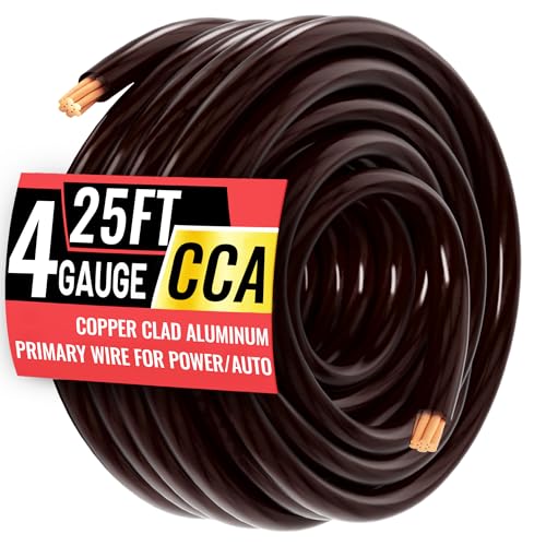 4 Gauge Wire 25FT Black Copper Clad Aluminum CCA Battery Cable Primary Power/Ground Cable for Car Audio Speaker RV Trailer Amp Inverter RV Truck Marine Solar Equipment Translucent Jacket