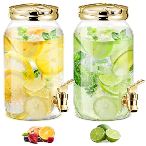 Havawish 2 Pcs 1 Gallon Plastic Beverage Dispenser with Spigot Clear Summer Kitchen Fridge Drink Dispenser for Parties Lemonade Juice Tea Beer Cold Water(Gold,Cylinder)