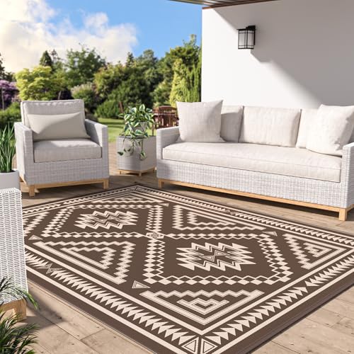 Image of GENIMO Outdoor Rug, Waterproof Plastic Rugs for Patio, 5'x8' Light Beige