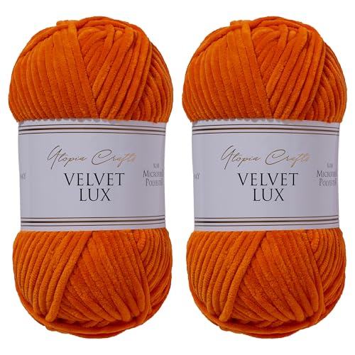 Utopia Crafts Velvet Lux - Ovillo de chenilla súper suave y grueso para tejer y ganchillo, 2 unidades, 100 g (color naranja rojizo)