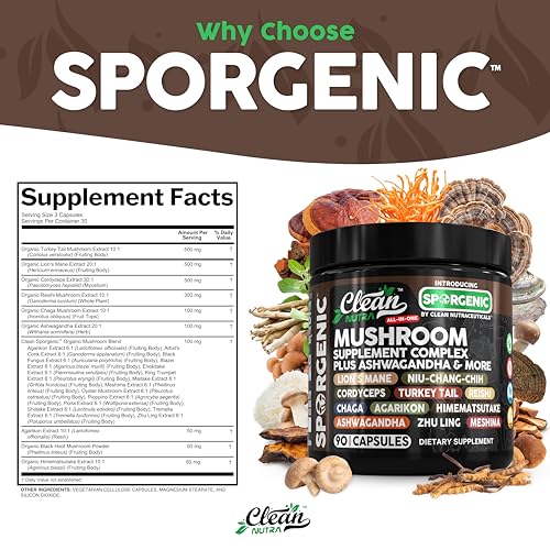 Organic Mushroom Supplement | Ashwagandha Lions Mane Cordyceps Turkey Tail Reishi Mushrooms Maca Root Black Hoof Chaga Tremella Agarikon Shiitake Oyster Powder Capsules Sporgenic By Clean Nutra (1) - Image 6
