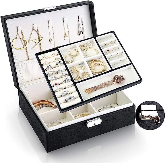 HOMETICHOMETIC PU-Leather Double Layers Jewellery Organizer Storage Case Woman’s Girl’s Makeup Accessories Tool with Smart Golden Key Lock Store for Jewellery (PLAIN-1008)