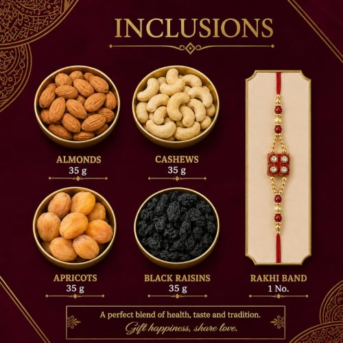 Image of Browntree Dry Fruits Rakhi Gift Hamper Signature 4P-140g | Rakhi Hamper for Brother| Cashews, Almonds, Black Raisins, Apricots with Rakhi Band | Fresh & Healthy Dry Fruits | Perfect Gifts, Festivals & Corporate Hampers | Unique Gifts for all Celebration