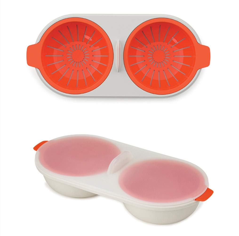 Microwave Double Cup Egg Poacher Maker Poached Eggs Cooker Steamer Kitchen Gadget Dishwasher Safe BPA Free Draining Egg Boiler Set Double Layer Microwave Egg Poacher Breakfast Egg Cooker (Red)