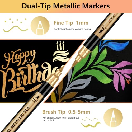 Image of Metallic Marker Pens, 12 Colors Dual Tip Acrylic Paint Pens for Black Paper, Scrapbooking, Photo Album, Rock Painting, Paint Marker for DIY Arts & Crafts, Glass, Wood, Card Making, Scrapbook Supplies