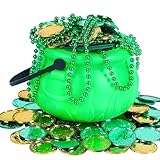 Bylion 5' St Patricks Day Green Plastic Cauldron with 100 Lucky Coins & Bead Necklace, Pot of Gold Pot for Leprechaun Decorations, Green & Gold Coins
