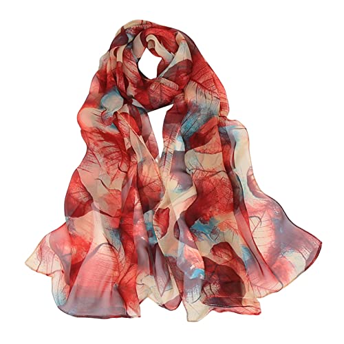 Generisch Écharpe Été Foulards en Soie pour Femmes Imprimé Léger Motif Floral Écharpe Mode Foulards Crème Solaire Foulards pour le Printemps Jonglerie Enfants, rouge, taille unique