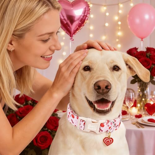 Image of Dog Collars, Valentine's Pink Letter Heart Print Pet Collar Durable Adjustable Plastic Pendant Dog Collar for X-Small Dogs