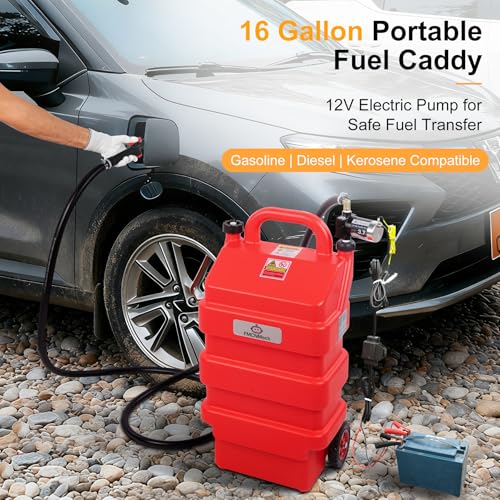Image of FMCNMech 16 Gallon Portable Fuel Caddy with 12V Electric Pump, Forward & Reverse Fuel Transfer Tank for Gasoline, Diesel, and Kerosene, HDPE Fuel Tank with Wheels for Pickup Trucks, Lawn Mowers, Tractors, ATVs, and Garage Use