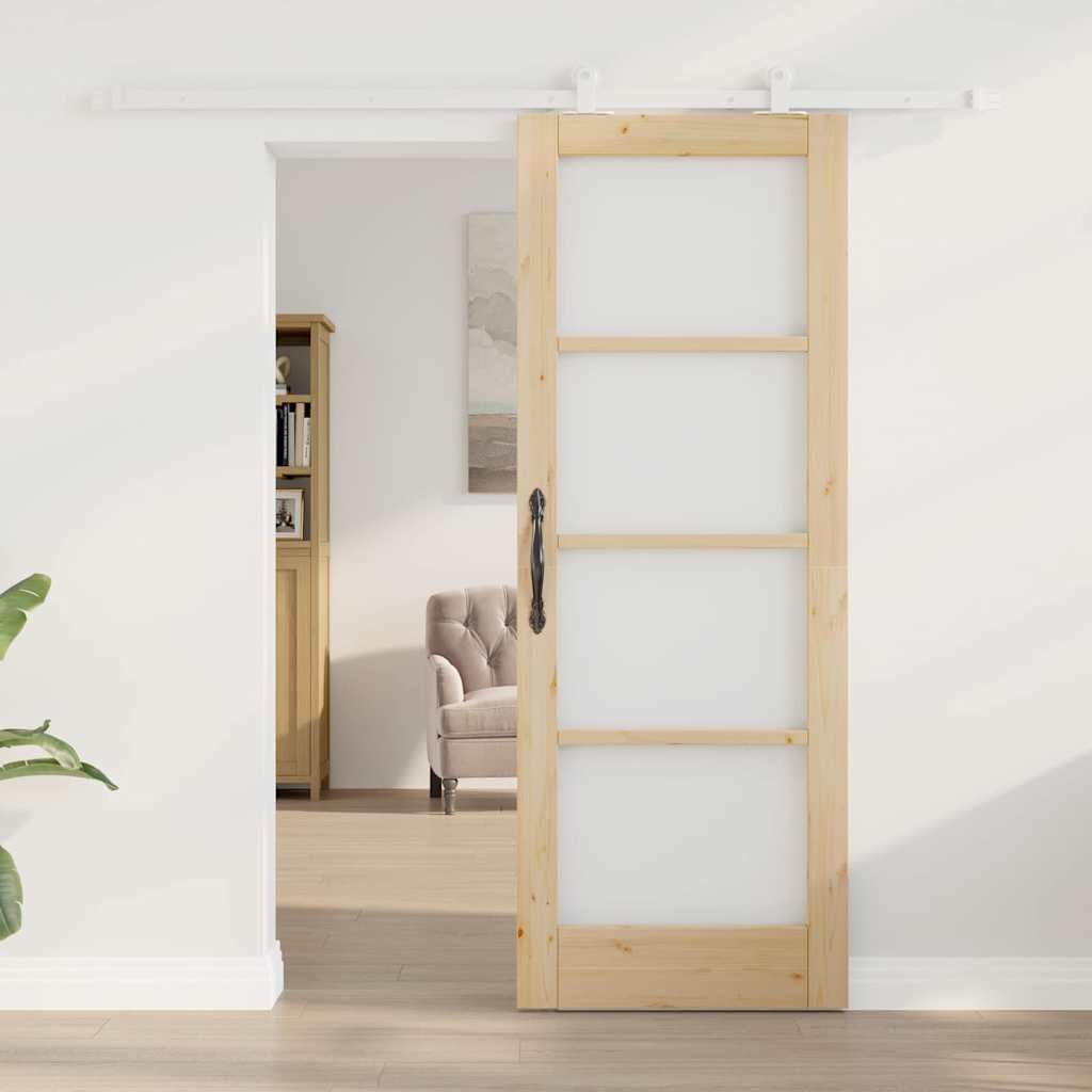 ORKDAL - Porta scorrevole in legno di pino massiccio e vetro di sicurezza, 73,5 x 198,5 cm, divisorio per soggiorno e camera da letto, sistema a binari silenzioso