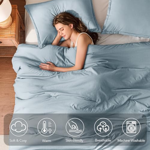 Image of Quataly California King Comforter Set Prewashed Lightweight Quilted Bedding | 3PCS Mist Blue Breathable Down Alternative Bedding Set with 1 Solid Comforter (104 inchx96 inch) and 2 Soft Pillowcases